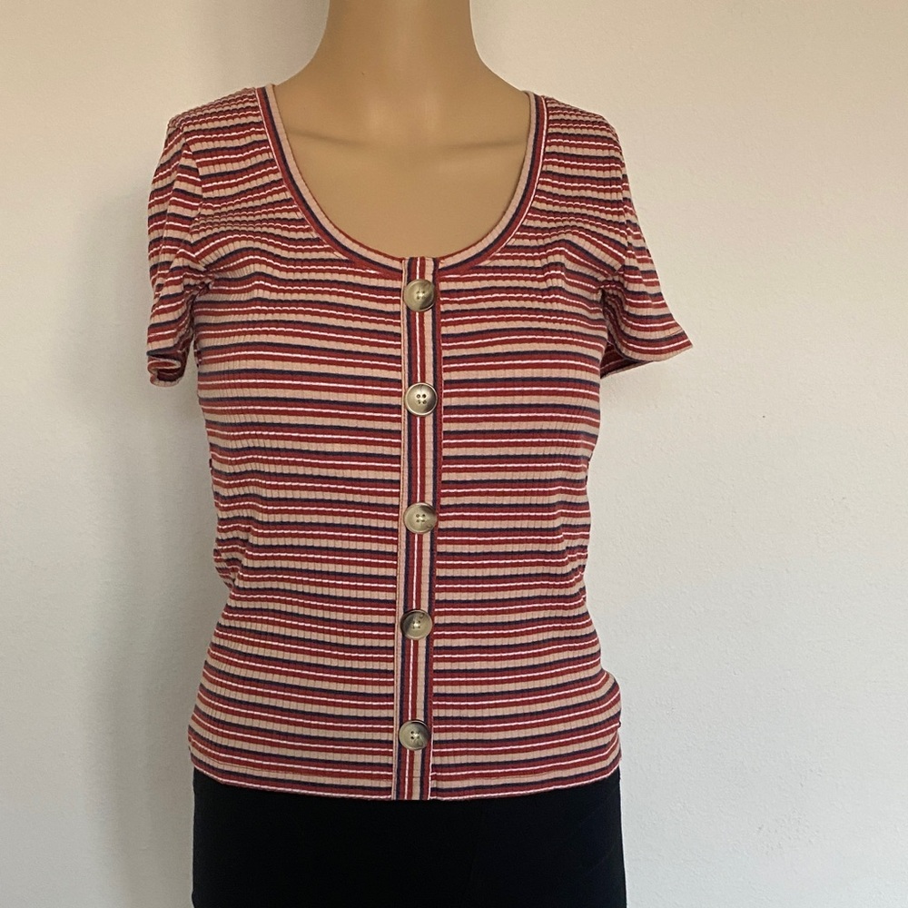 Hollister Striped Button-Down Top in Red and Cream